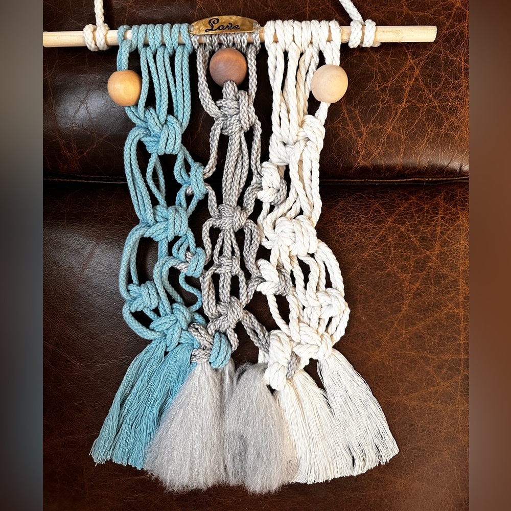Hand made boho style blue gray and cream fashion hanging macrame wall art